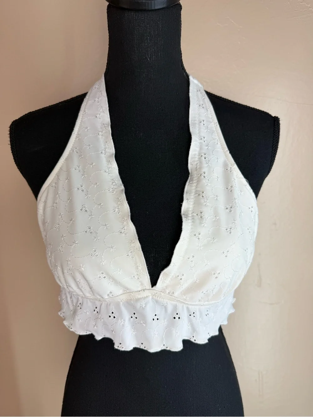 Vintage Y2K White Lace Eyelet Ruffle Halter Swim Top - Size Large Xhilaration